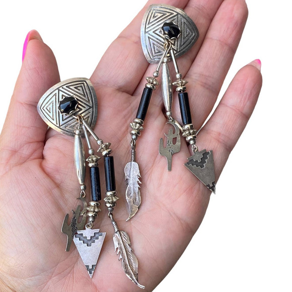 Vintage Deborah West 925 Sterling Silver Southwest Onyx Earrings Stud Dangle - Picture 1 of 6